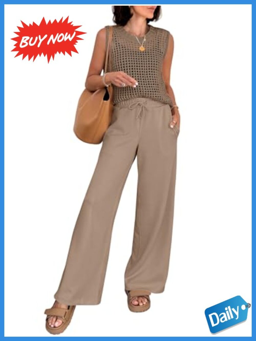 Crochet Sweater Vest Wide Leg Pants Lounge Matching Set Sleeveless